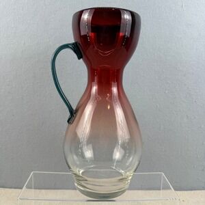 VTG Rose Ombre Glass Pitcher Teal Blue Green Handle 9" MCM Style Art Glass